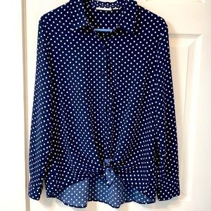 Susan Graver Navy Blue Polka Dot Button Down Shirt